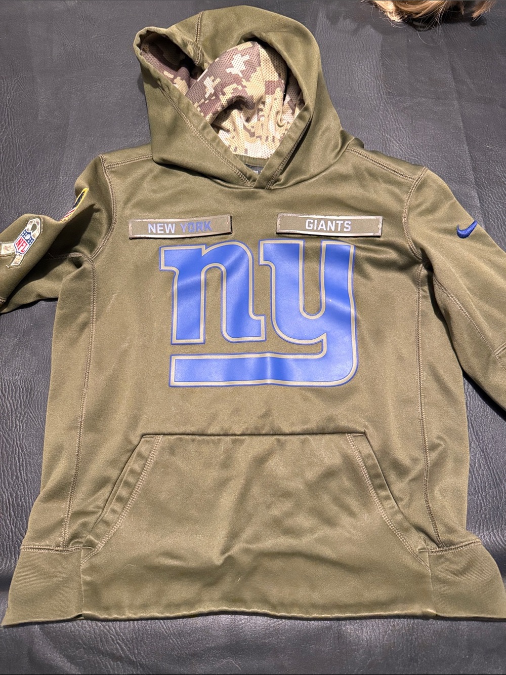 Kids Nike Olive Green New York Giants Hoodie with Royal Blue Logo